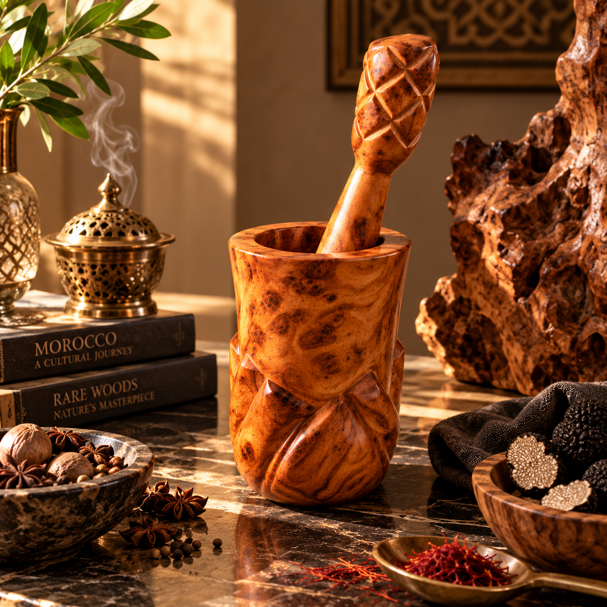 Handcrafted Moroccan Thuya Wood Mortar & Pestle – Artisan Burl Wood Set