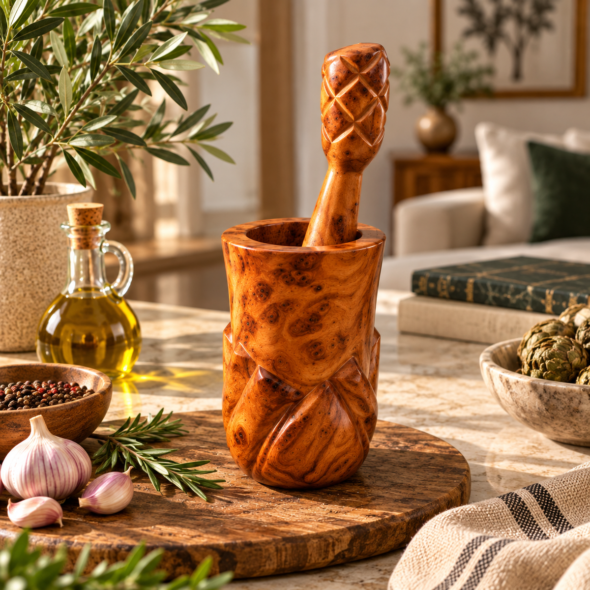 Handcrafted Moroccan Thuya Wood Mortar & Pestle – Artisan Burl Wood Set
