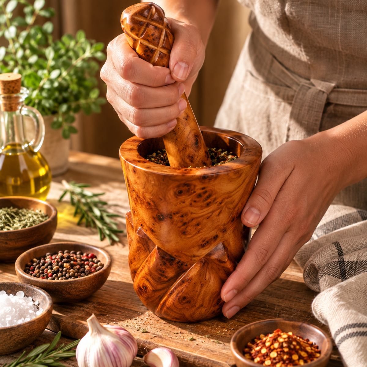 Handcrafted Moroccan Thuya Wood Mortar & Pestle – Artisan Burl Wood Set