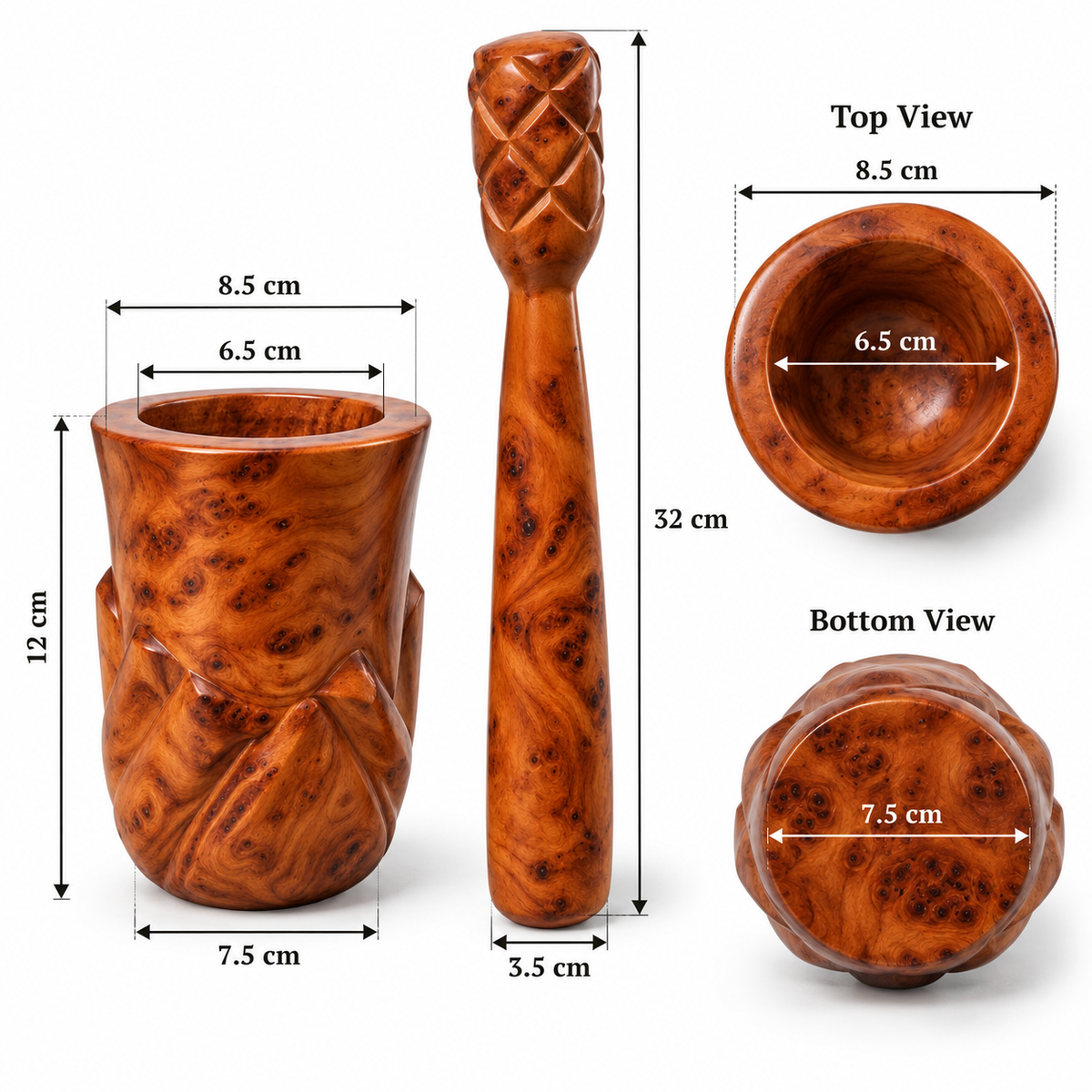 Handcrafted Moroccan Thuya Wood Mortar & Pestle – Artisan Burl Wood Set