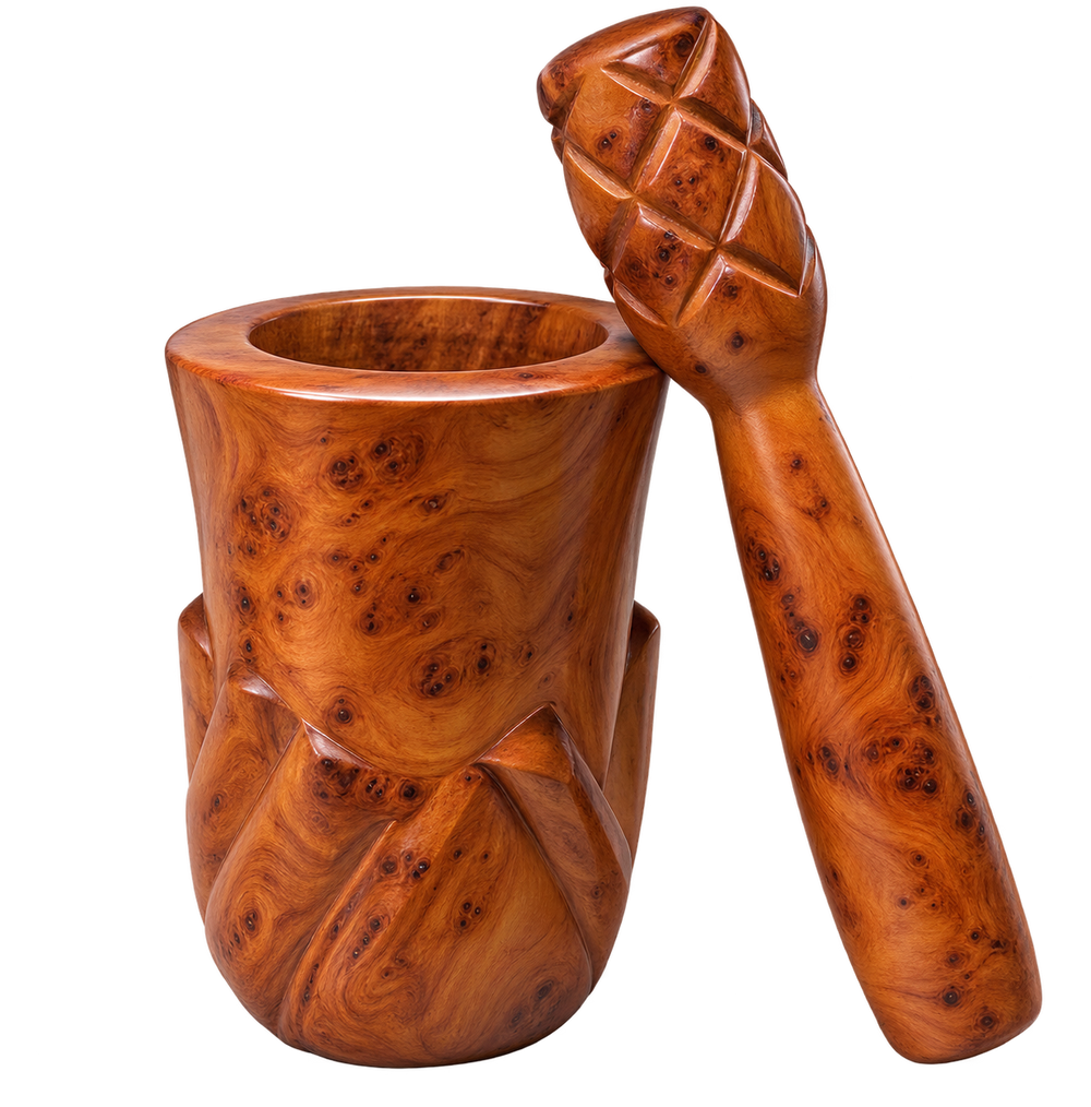 Handcrafted Moroccan Thuya Wood Mortar & Pestle – Artisan Burl Wood Set