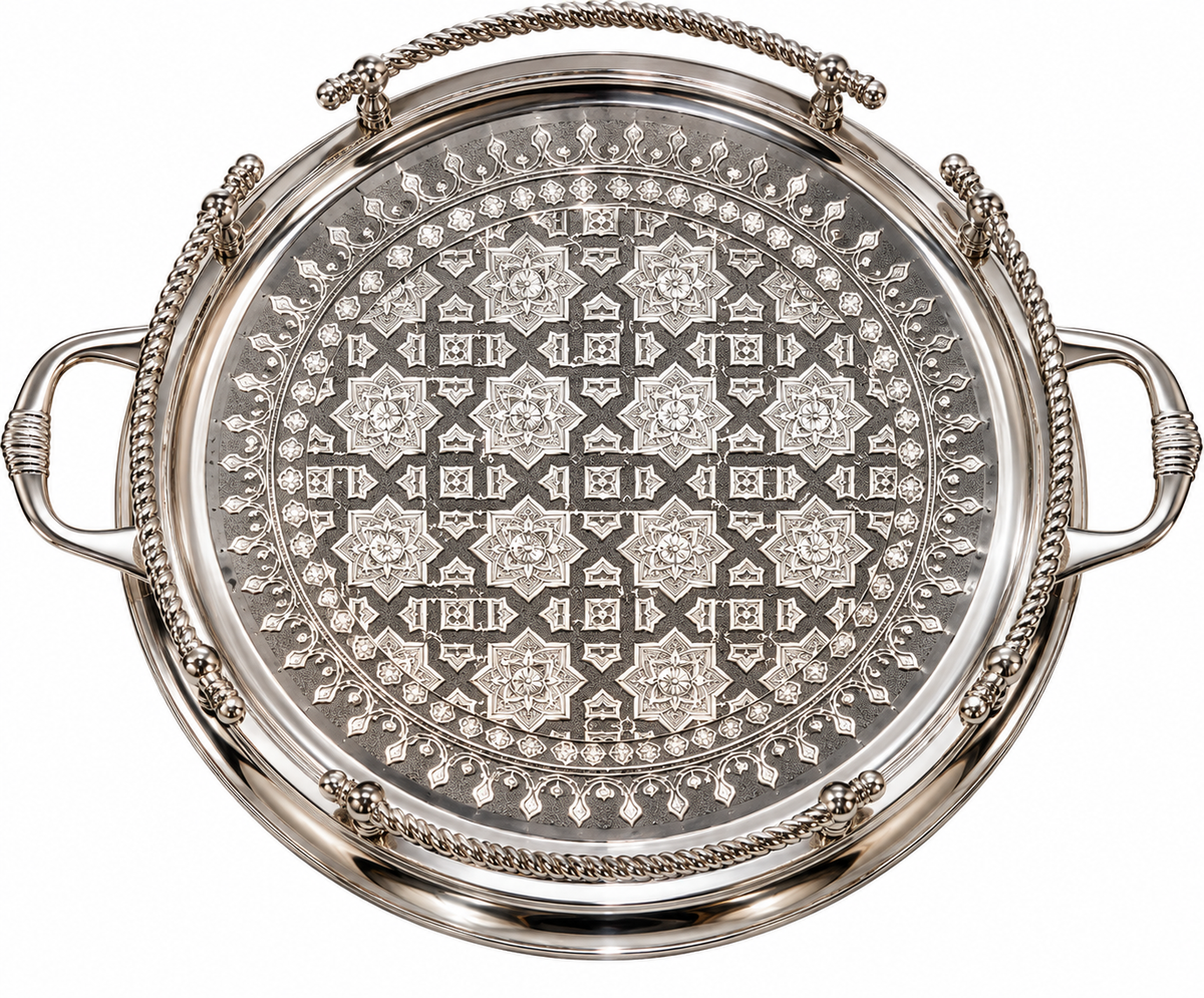 Handcrafted Moroccan Silver-Plated Brass Serving Tray – 40, 45 & 50 cm