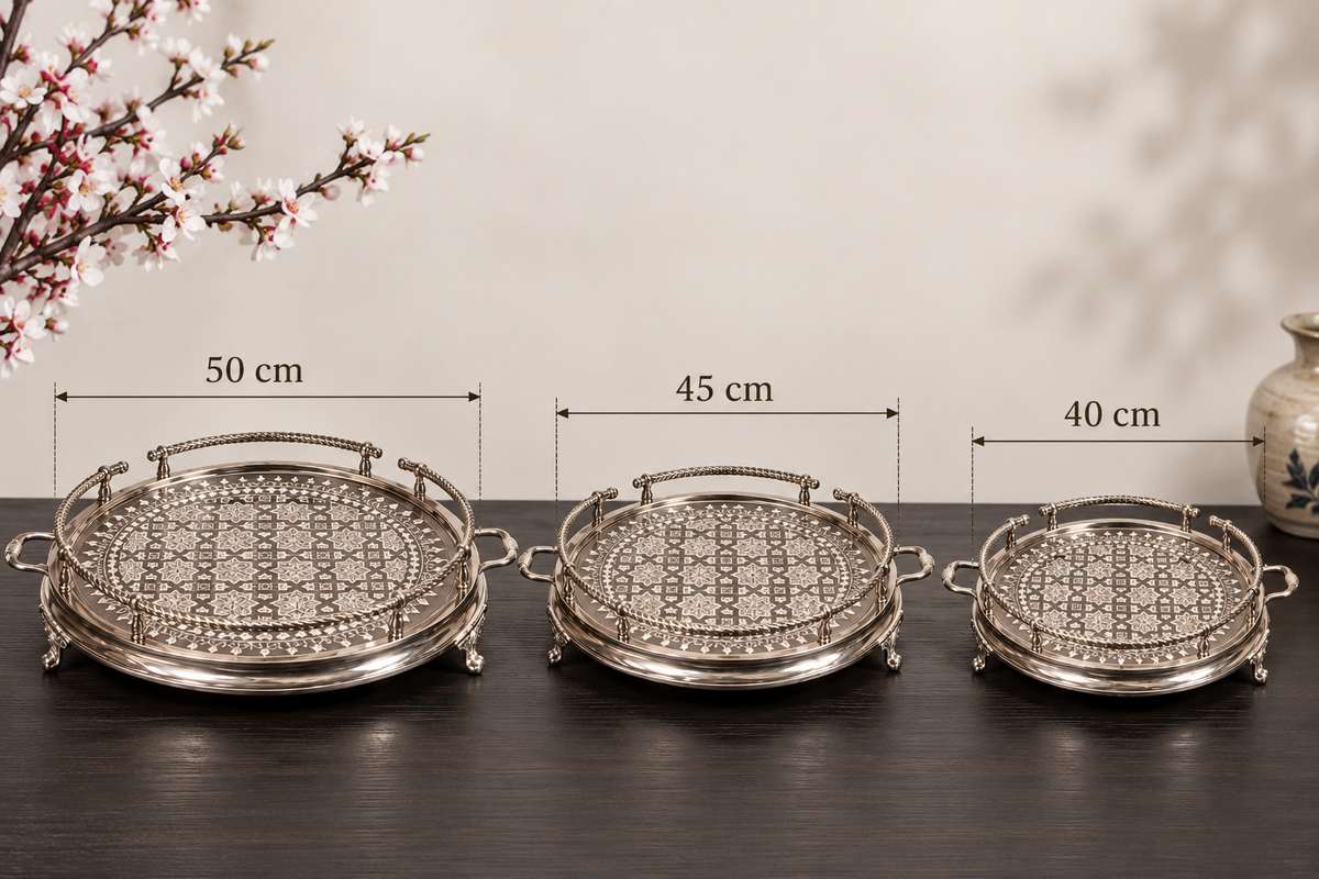 Handcrafted Moroccan Silver-Plated Brass Serving Tray – 40, 45 & 50 cm