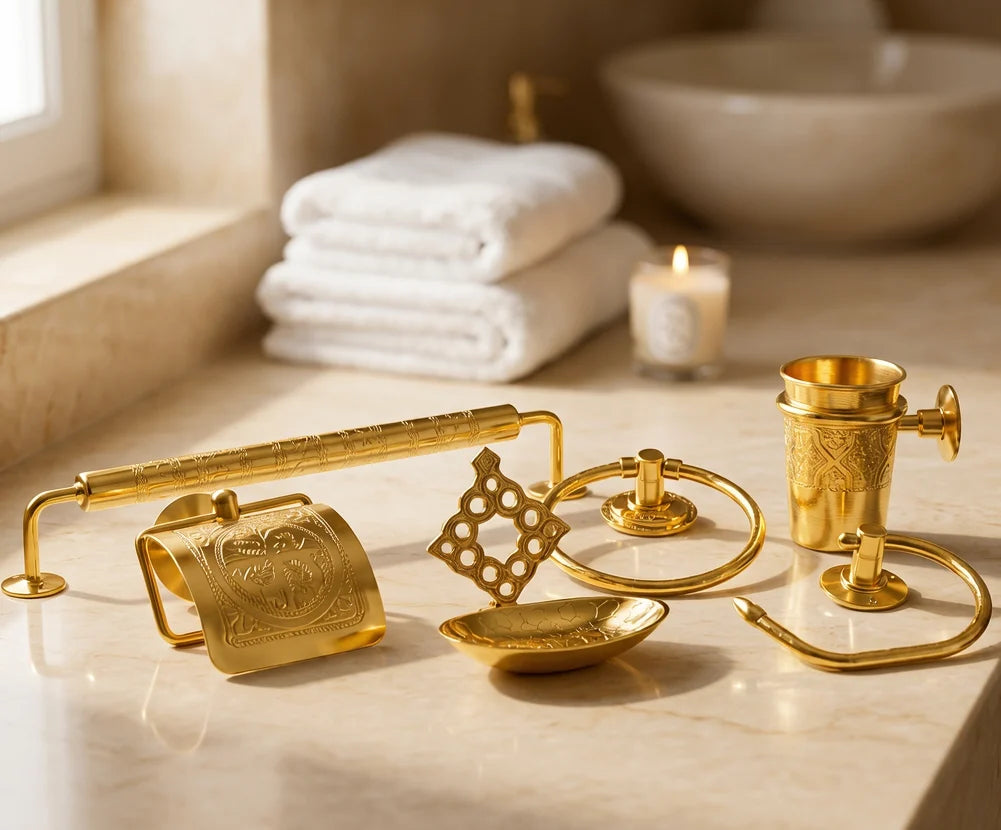 Complete Moroccan Brass Bathroom Accessories Set – 6 Pieces