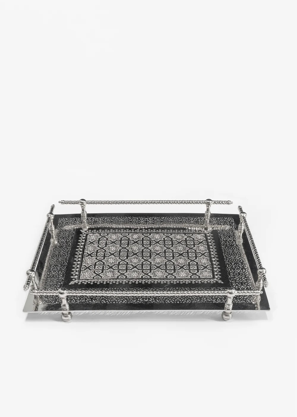 Handcrafted Moroccan Engraved Brass Serving Tray — Silver-Plated
