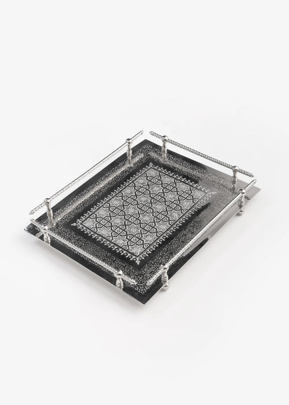 Handcrafted Moroccan Engraved Brass Serving Tray — Silver-Plated
