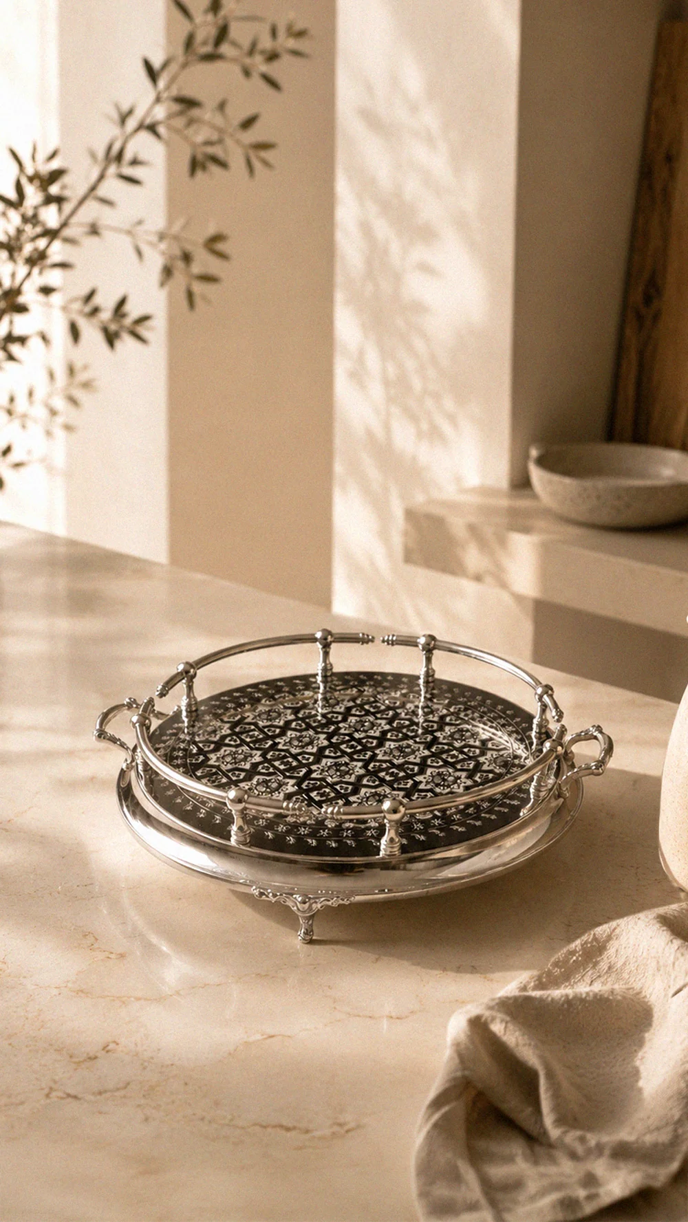 Handcrafted Moroccan Silver-Plated Brass Serving Tray – 40, 45 & 50 cm