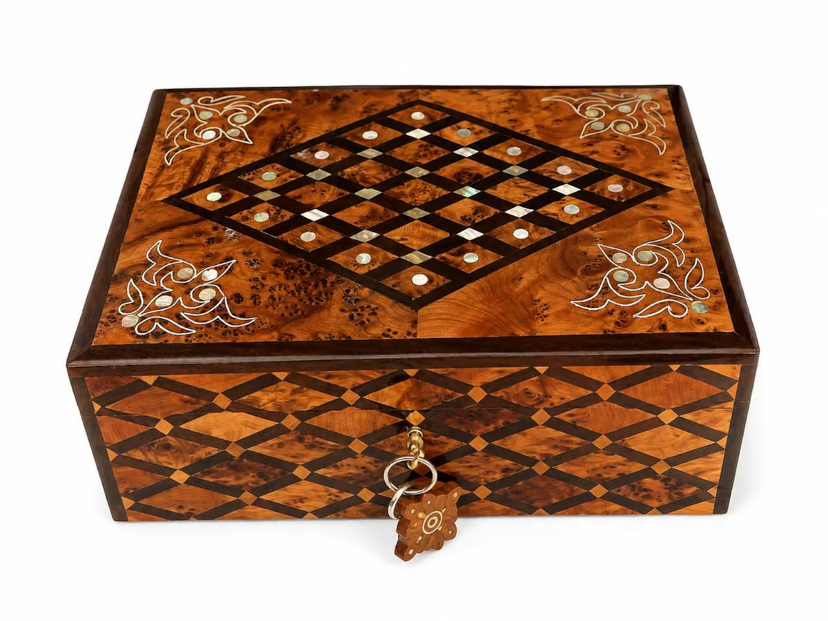 Handcrafted Moroccan Thuya Burl Jewelry Box with Mother-of-Pearl Inlay