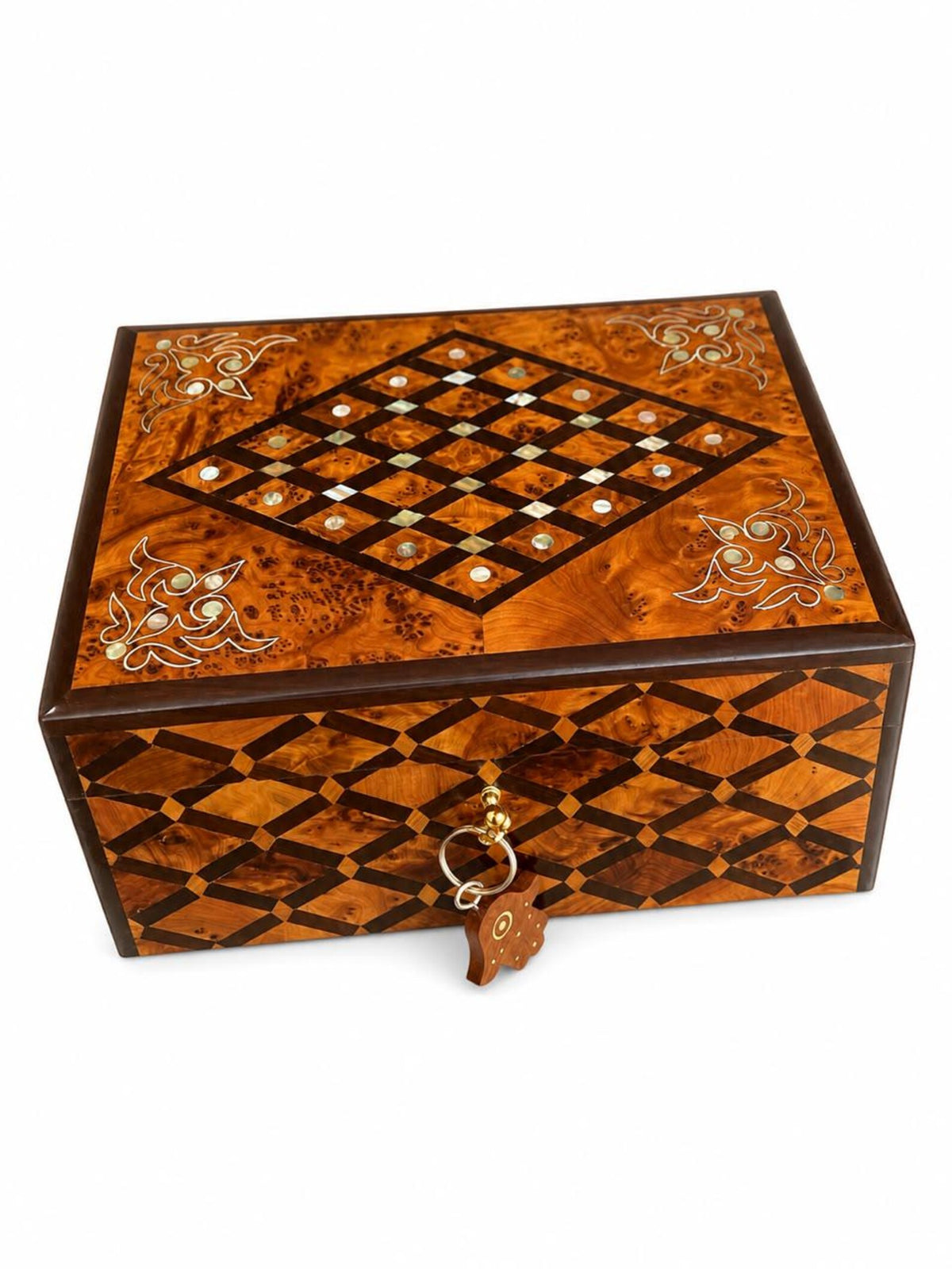 Handcrafted Moroccan Thuya Burl Jewelry Box with Mother-of-Pearl Inlay